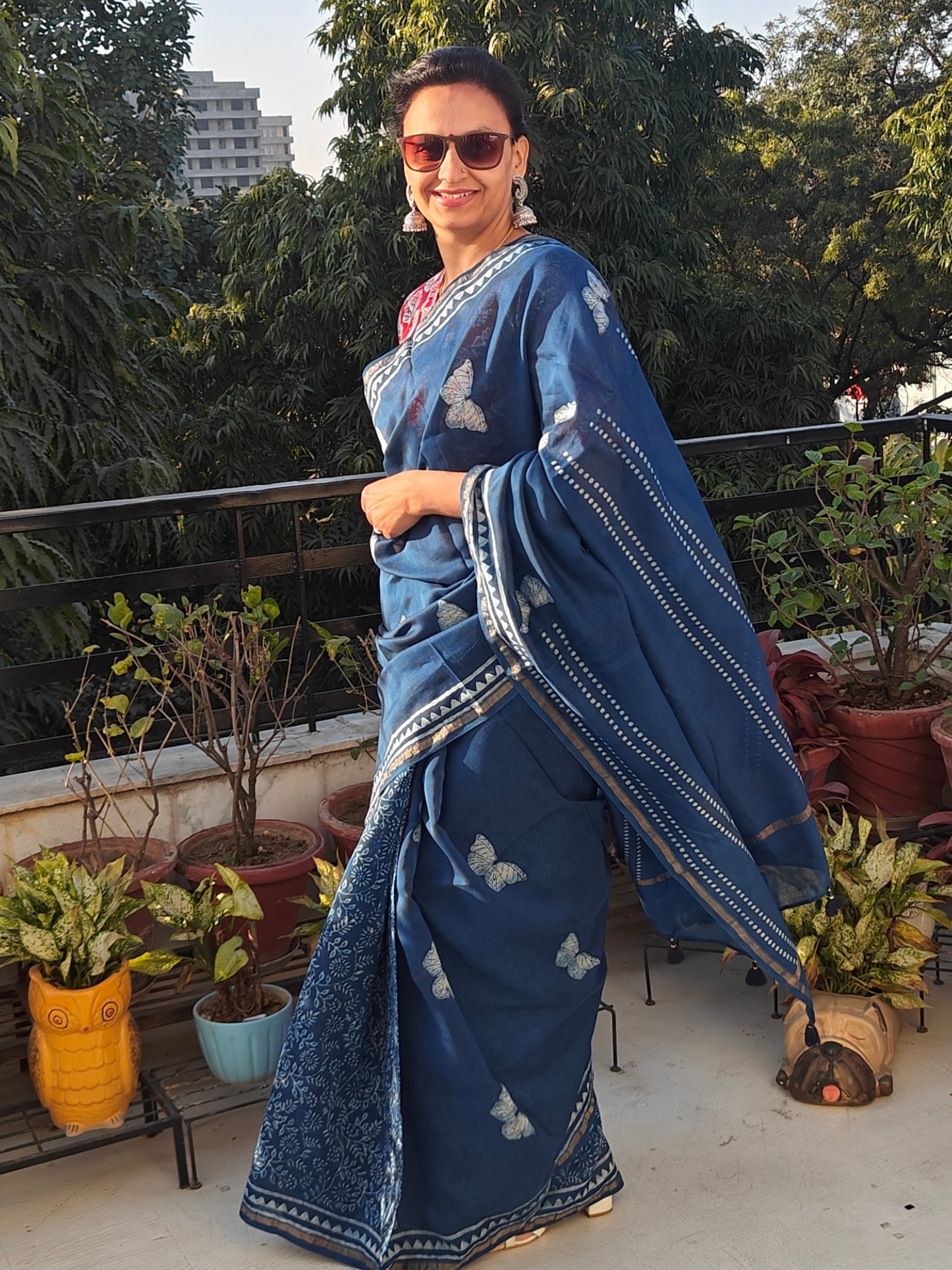 Indigo Dabu Handblock Print Chanderi Saree