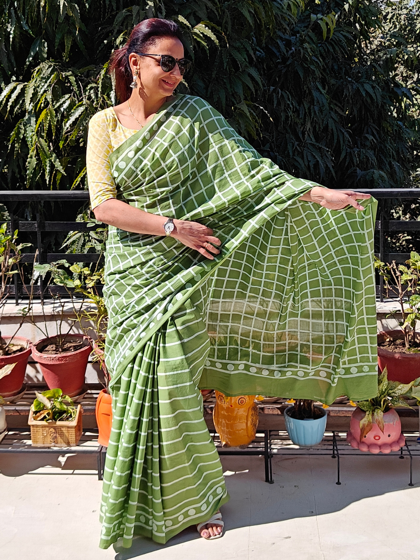 Green Handblock Printed Mull Cotton Saree