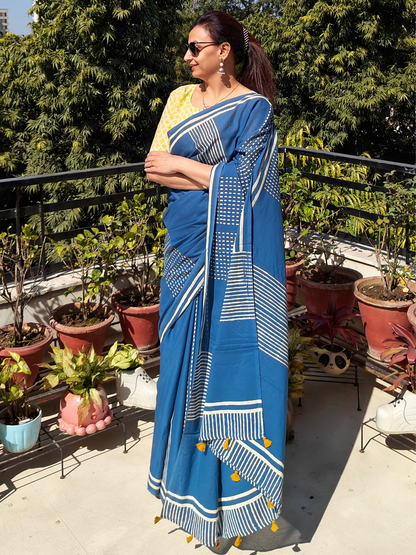 Blue Handblock Printed Mull Cotton Saree