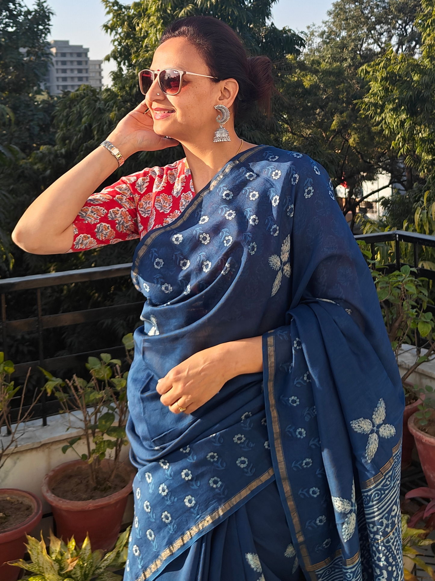 Indigo Dabu Handblock Print Chanderi Saree