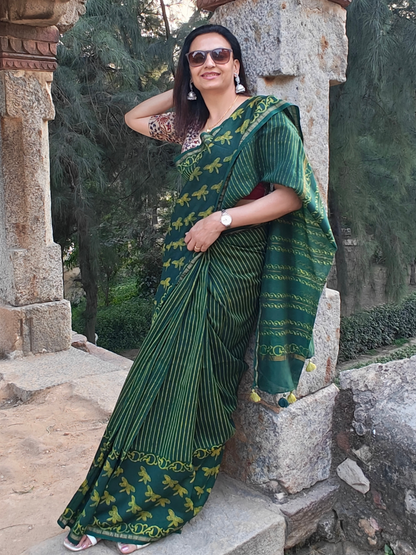 Green Dabu Handblock Print Chanderi Saree