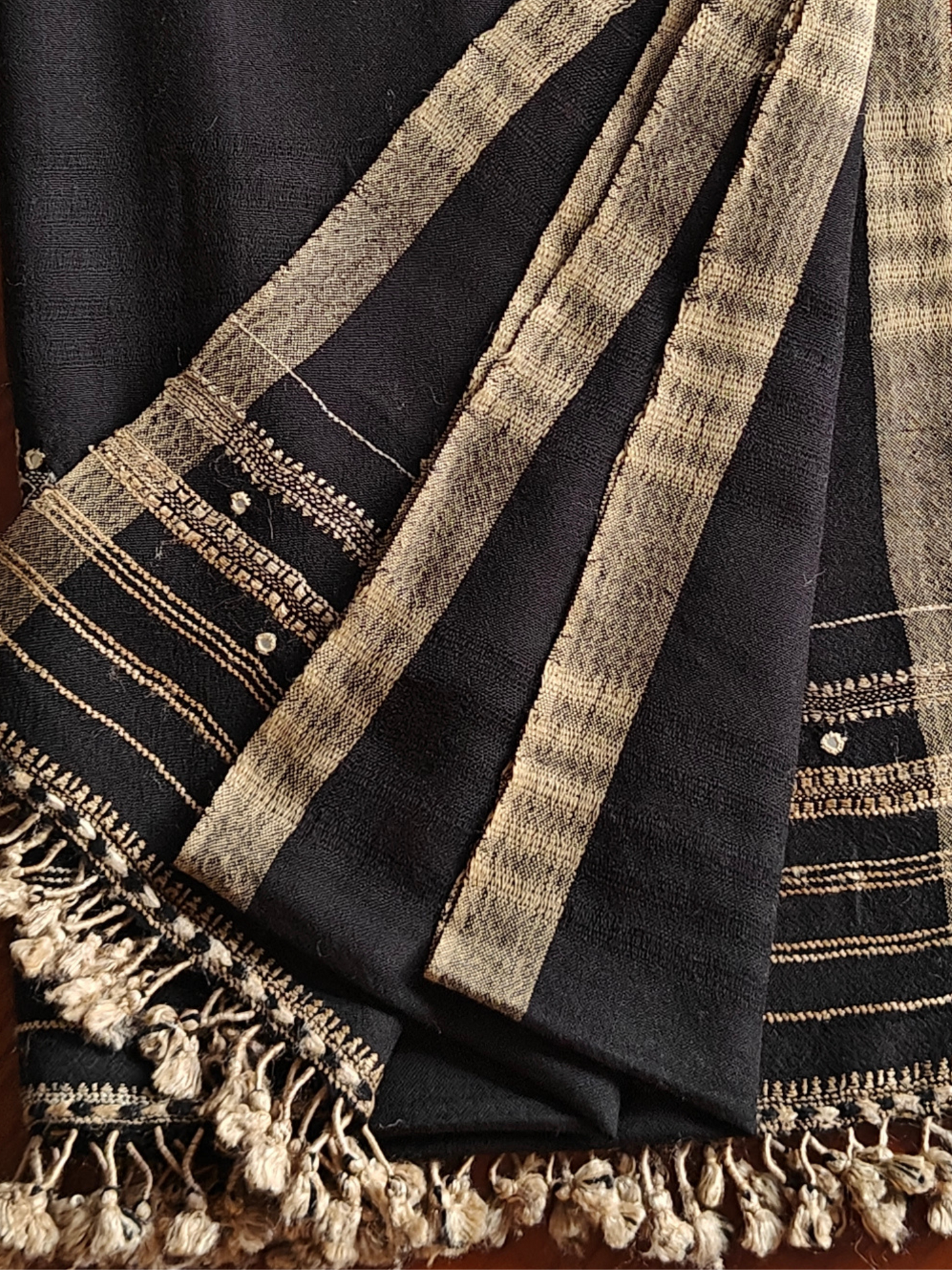 Black Handwoven Wollen Stole with Handembroidery & Mirror Work