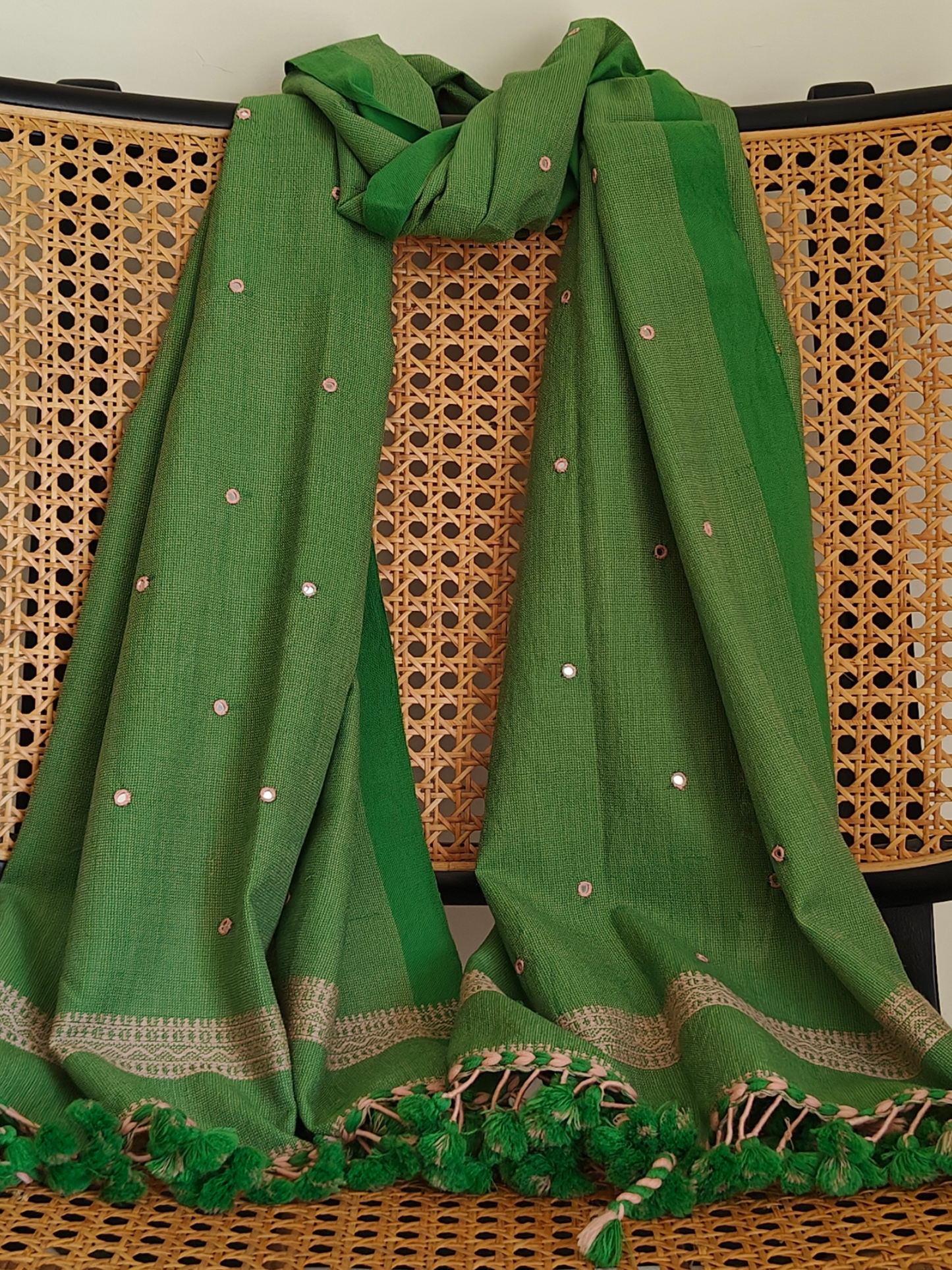 Green Handwoven Woollen Stole with Handembroidered Mirror Work