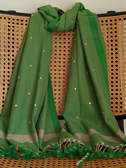 Green Handwoven Woollen Stole with Handembroidered Mirror Work