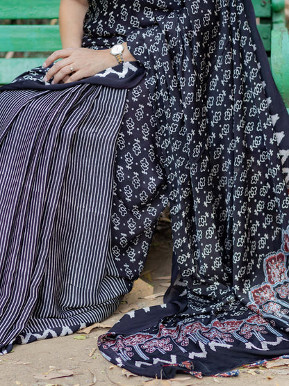 Black with Offwhite Half & Half Modal Silk Ajrakh Block Print Saree