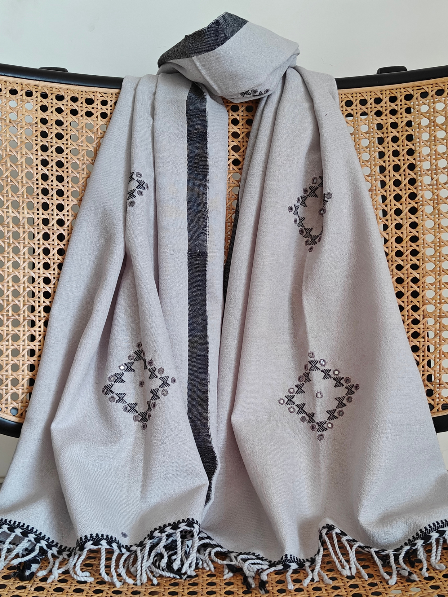 Ash Grey Handwoven Woollen Stole with Handembroidery & Mirror Work