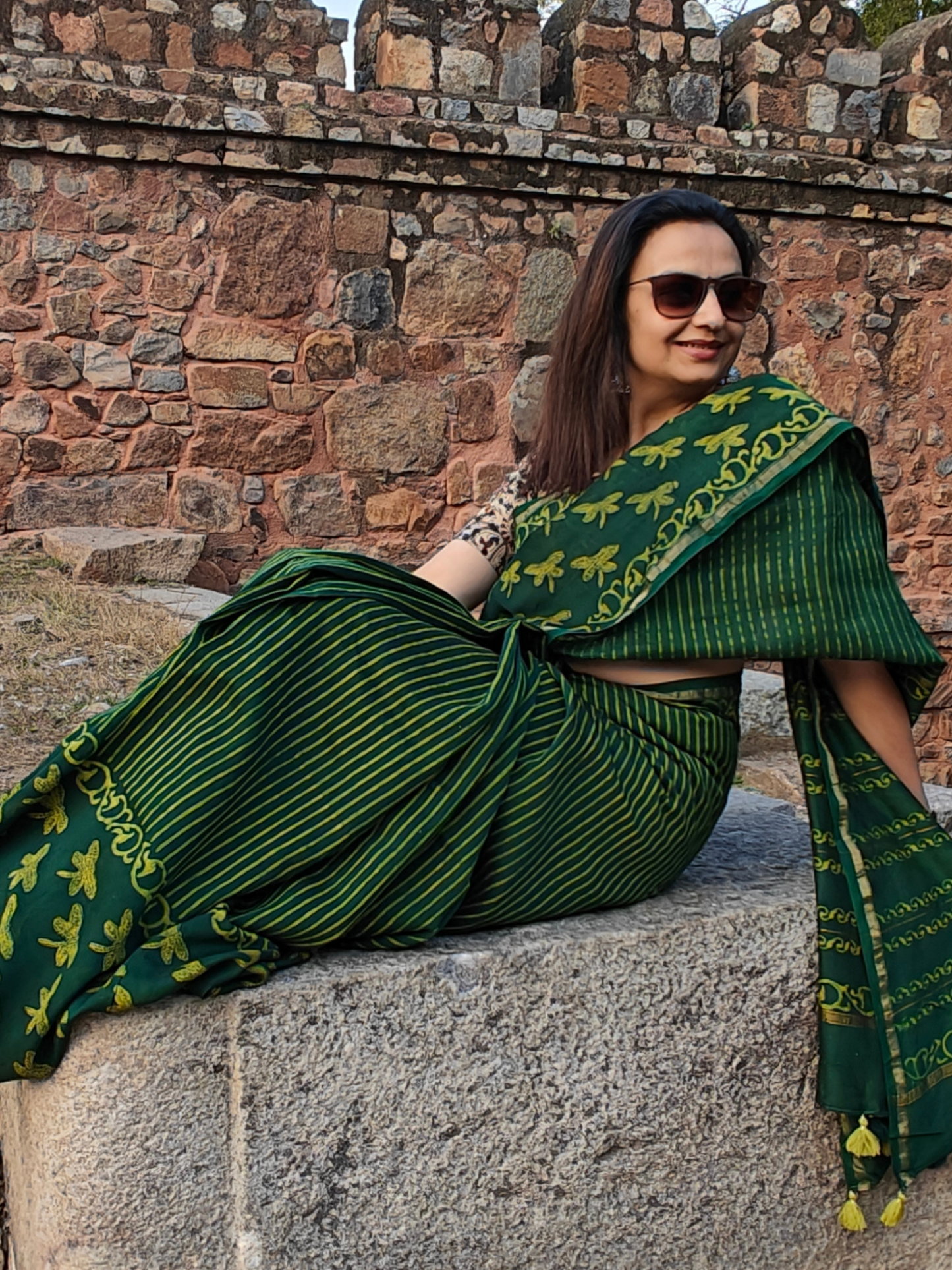 Green Dabu Handblock Print Chanderi Saree