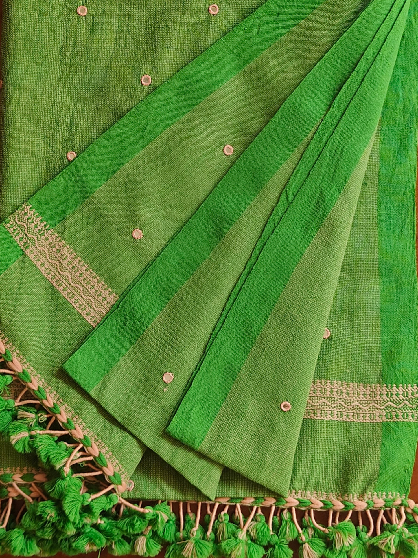 Green Handwoven Woollen Stole with Handembroidered Mirror Work