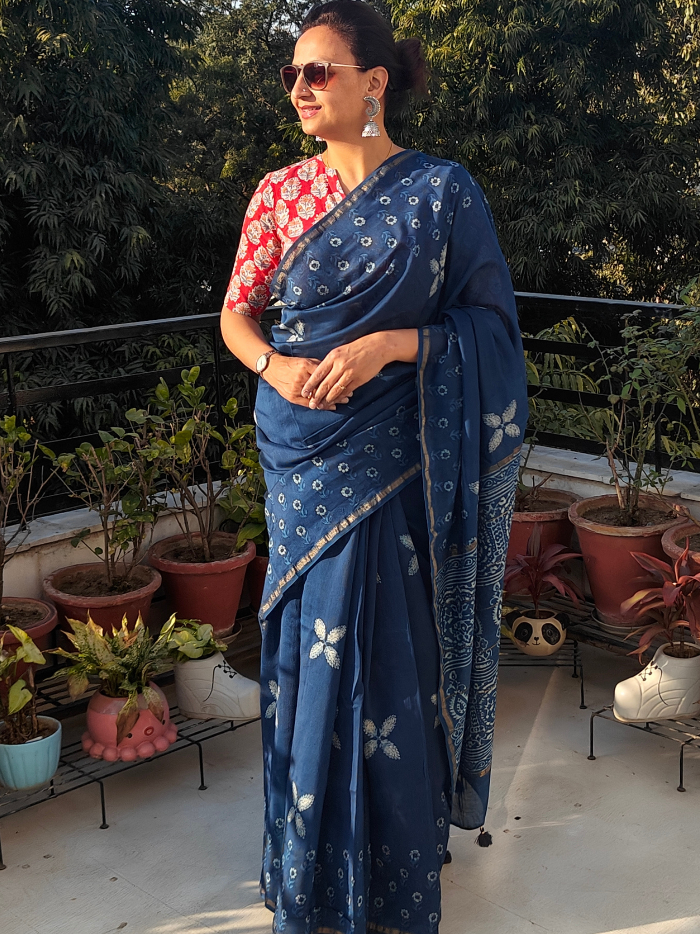 Indigo Dabu Handblock Print Chanderi Saree