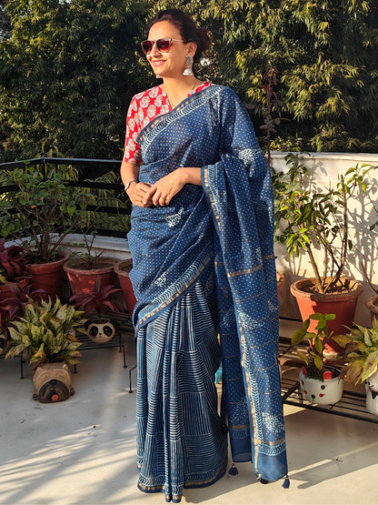 Indigo Dabu Handblock Print Chanderi Saree