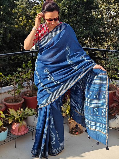 Indigo Dabu Handblock Print Chanderi Saree