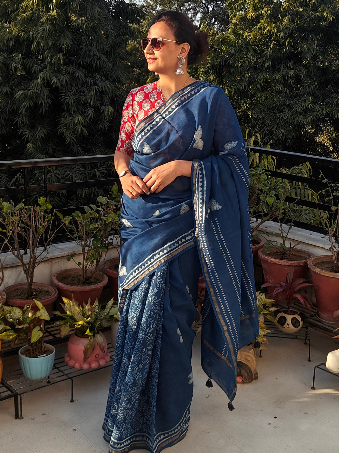 Indigo Dabu Handblock Print Chanderi Saree