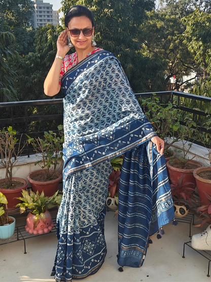 Indigo Dabu Handblock Print Chanderi Saree