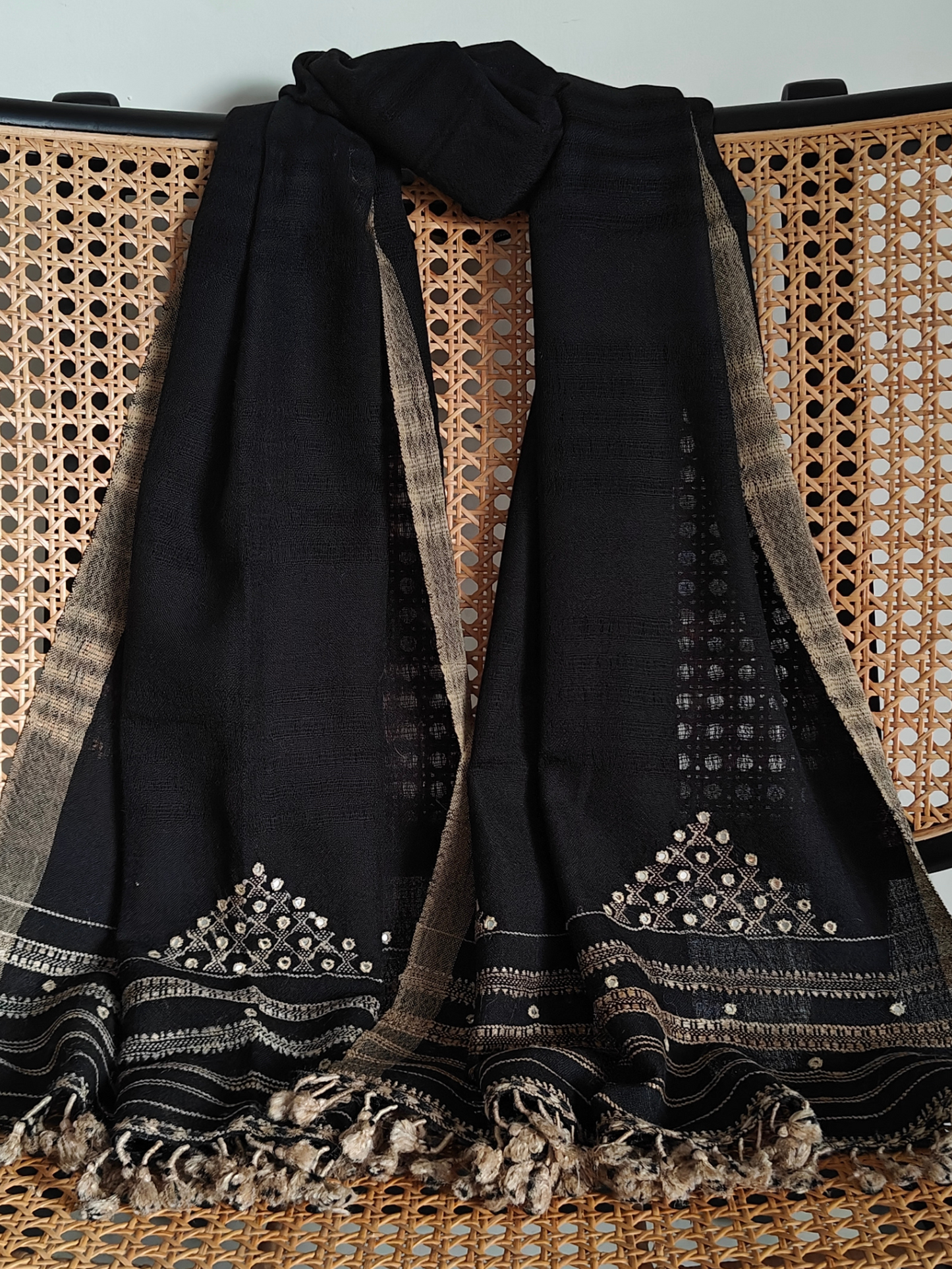 Black Handwoven Wollen Stole with Handembroidery & Mirror Work