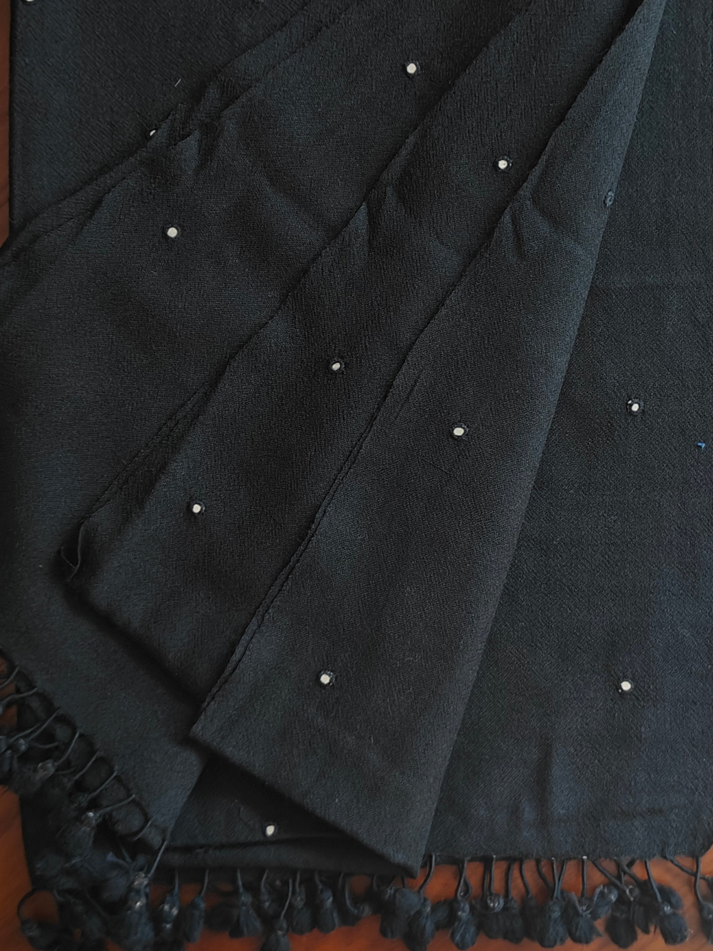 Black Solid Handwoven Wollen Stole with Handembroidered Mirror Work