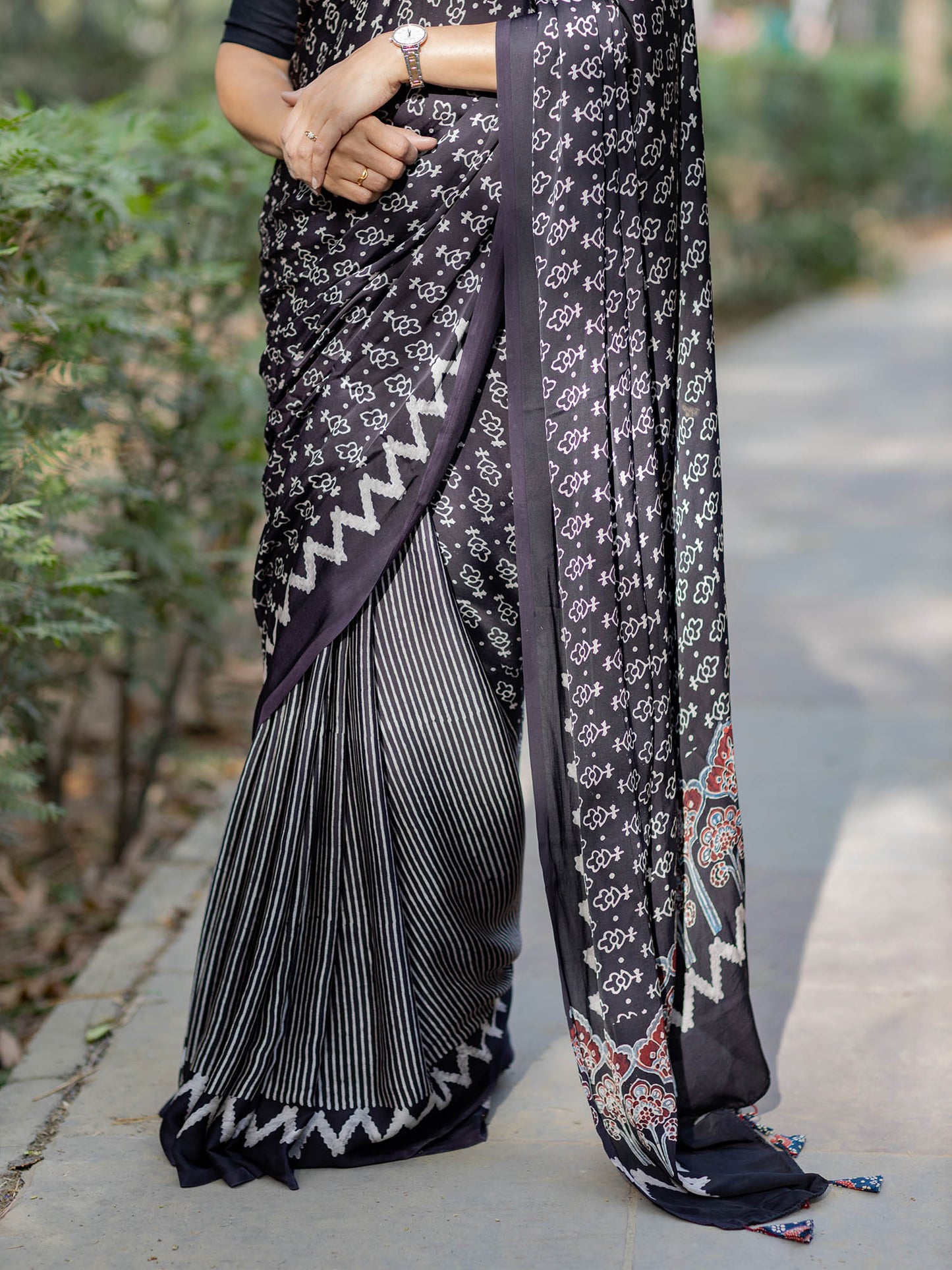 Black with Offwhite Half & Half Modal Silk Ajrakh Block Print Saree