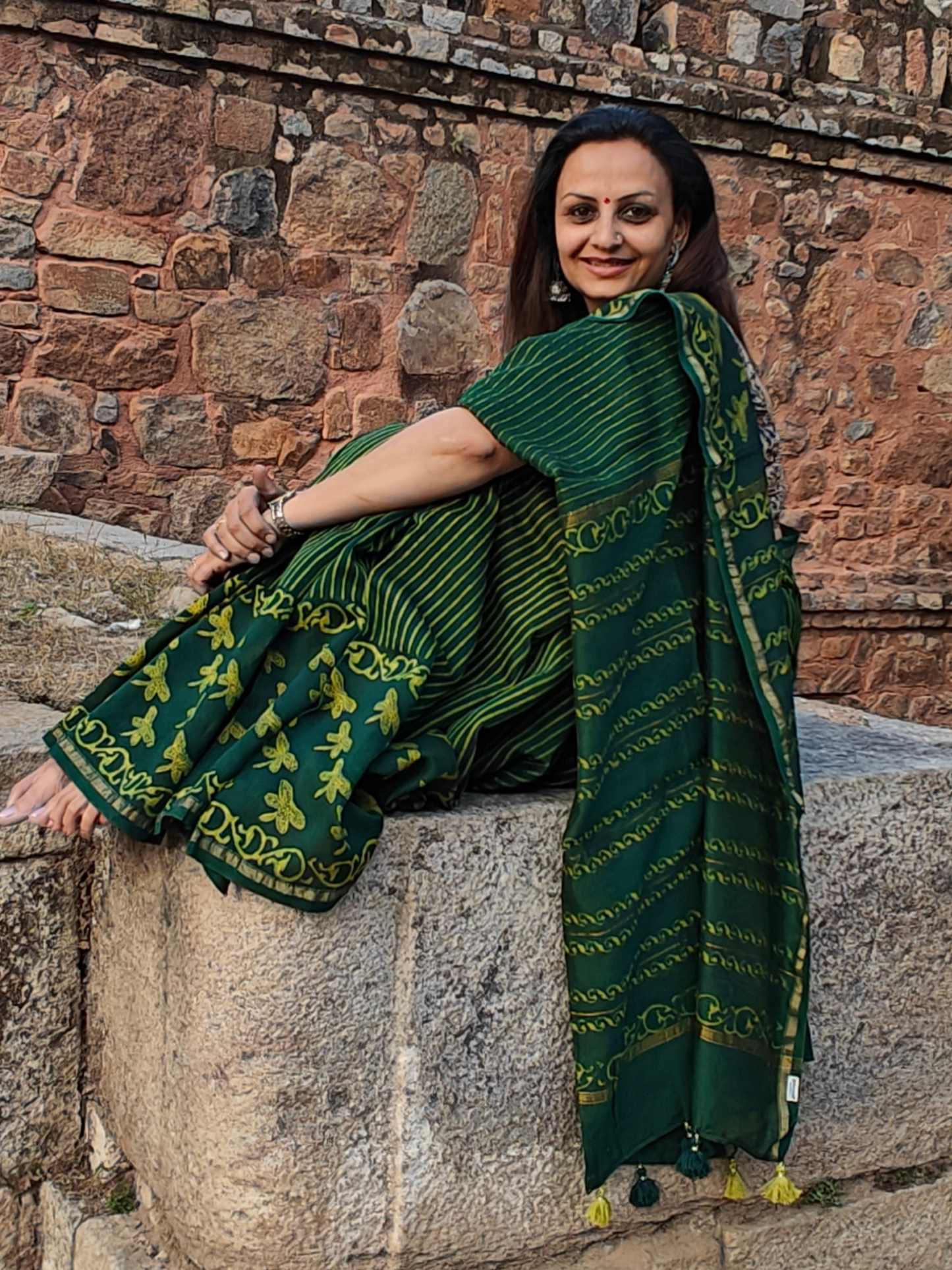 Green Dabu Handblock Print Chanderi Saree