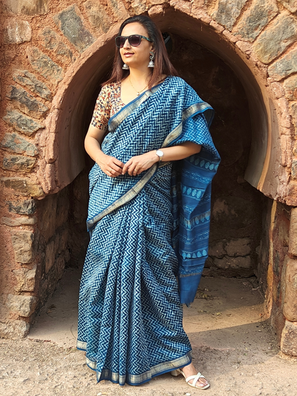 Indigo Dabu Handblock Print Chanderi Saree