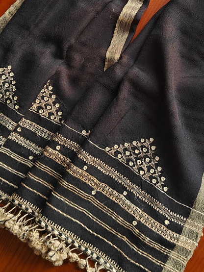 Black Handwoven Wollen Stole with Handembroidery & Mirror Work