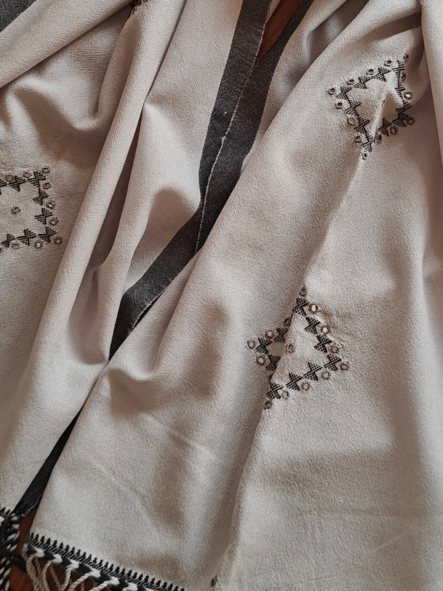 Ash Grey Handwoven Woollen Stole with Handembroidery & Mirror Work