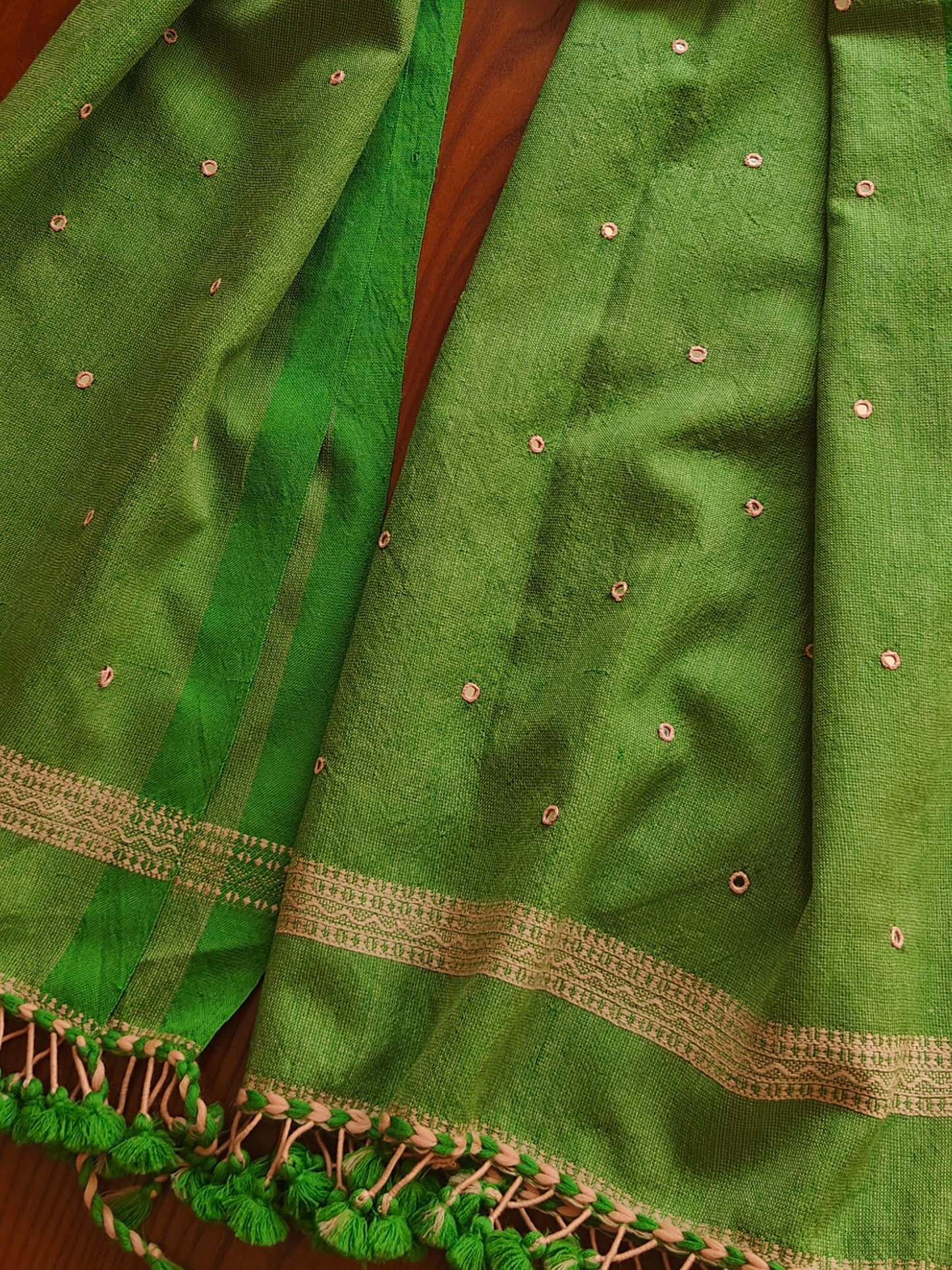 Green Handwoven Woollen Stole with Handembroidered Mirror Work