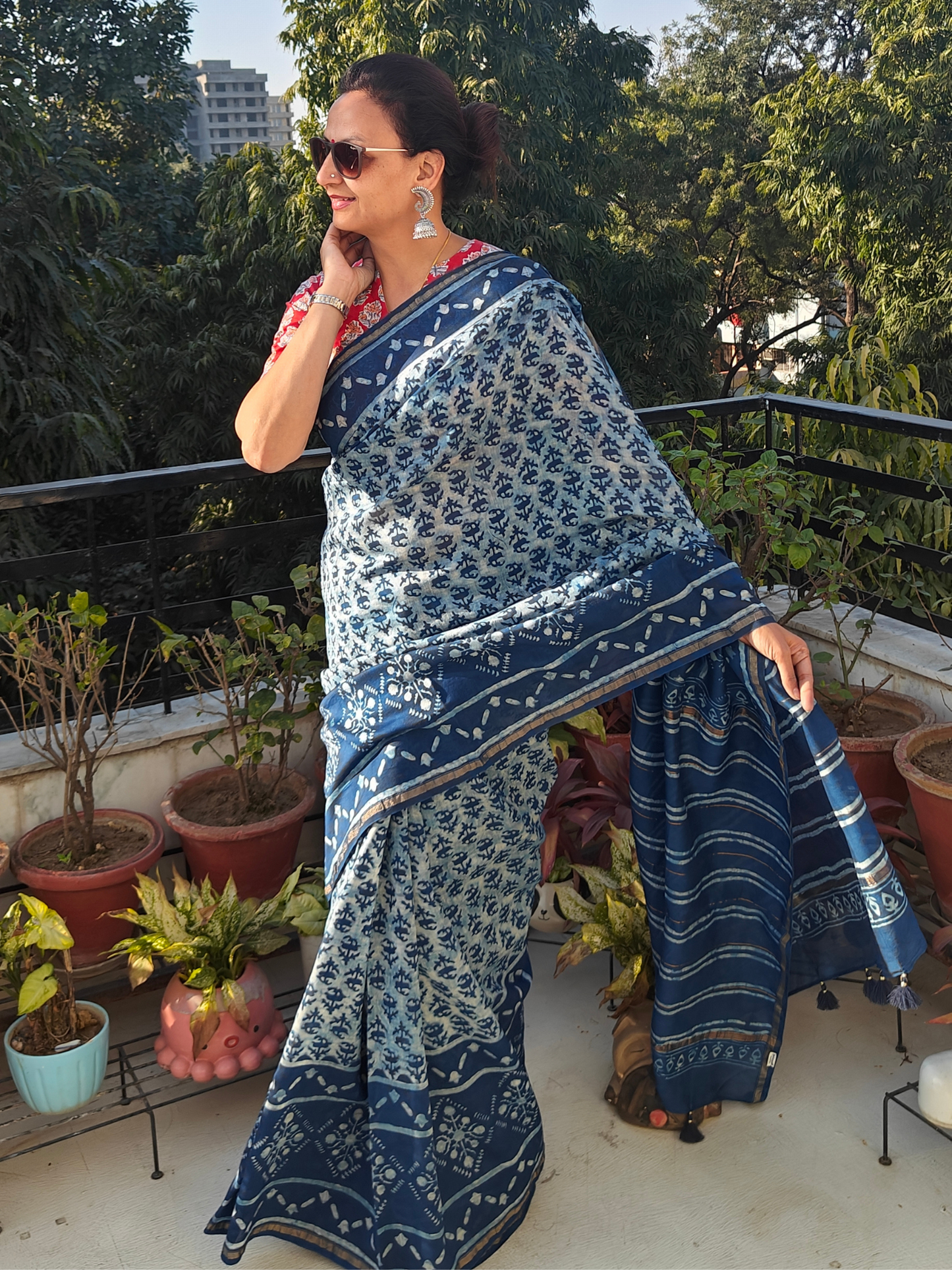 Indigo Dabu Handblock Print Chanderi Saree