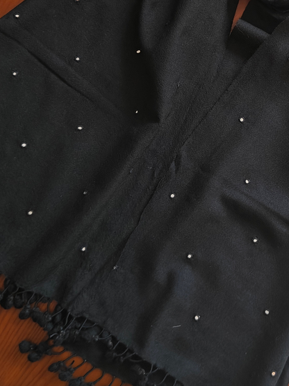 Black Solid Handwoven Wollen Stole with Handembroidered Mirror Work