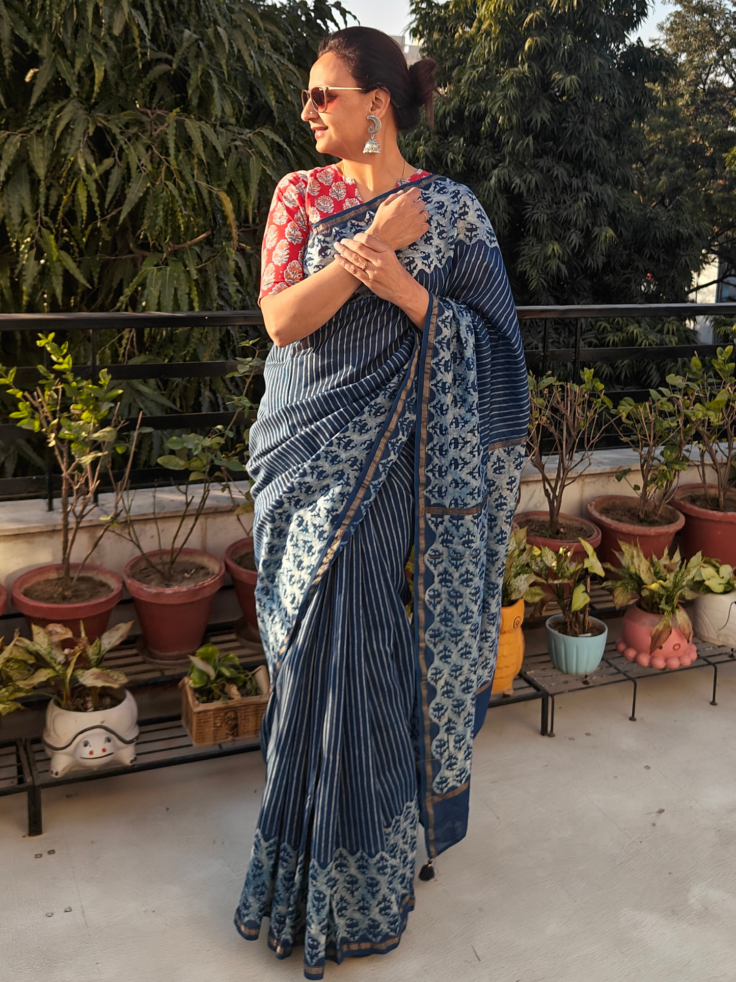 Indigo Dabu Handblock Print Chanderi Saree