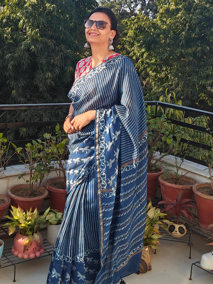 Indigo Dabu Handblock Print Chanderi Saree