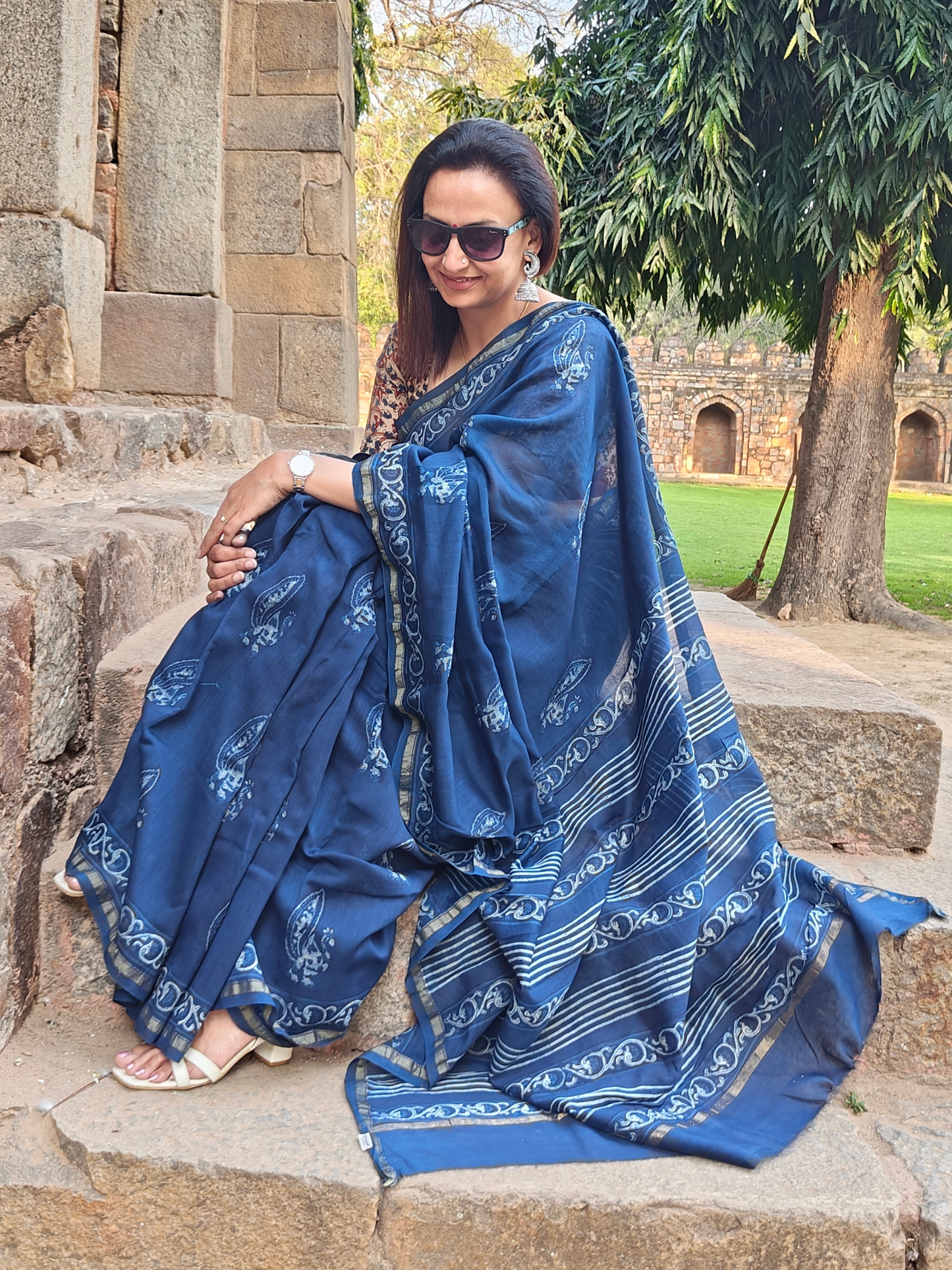 Indigo Dabu Handblock Print Chanderi Saree