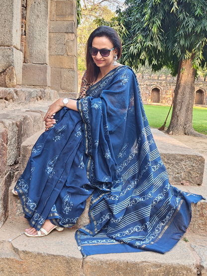 Indigo Dabu Handblock Print Chanderi Saree