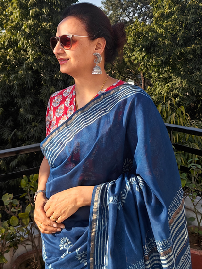 Indigo Dabu Handblock Print Chanderi Saree