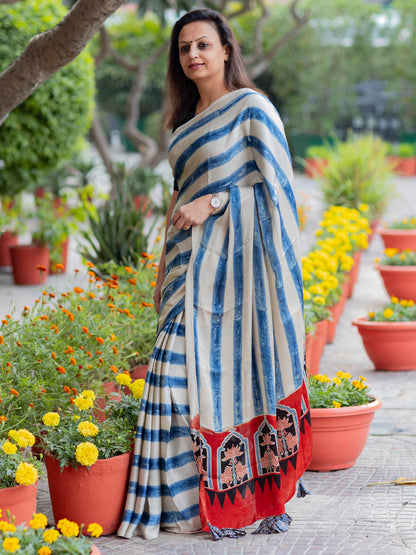 Indigo Striped Modal Silk Ajrakh Block Print Saree