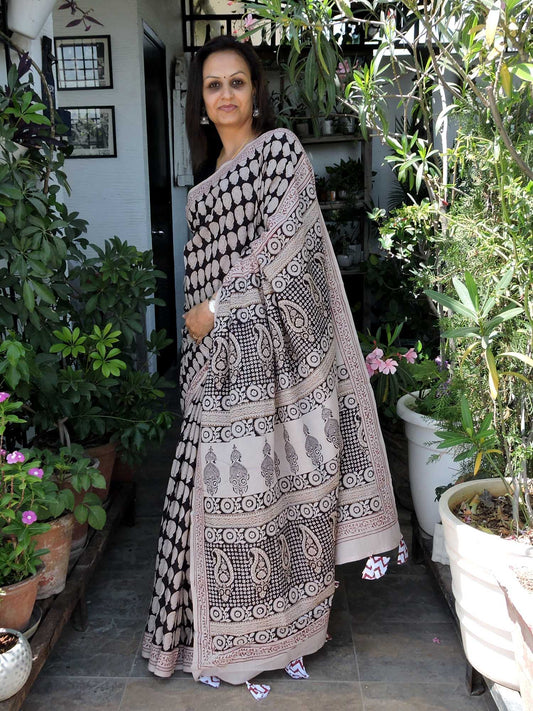 Black Boota Bagh Print Cotton Saree