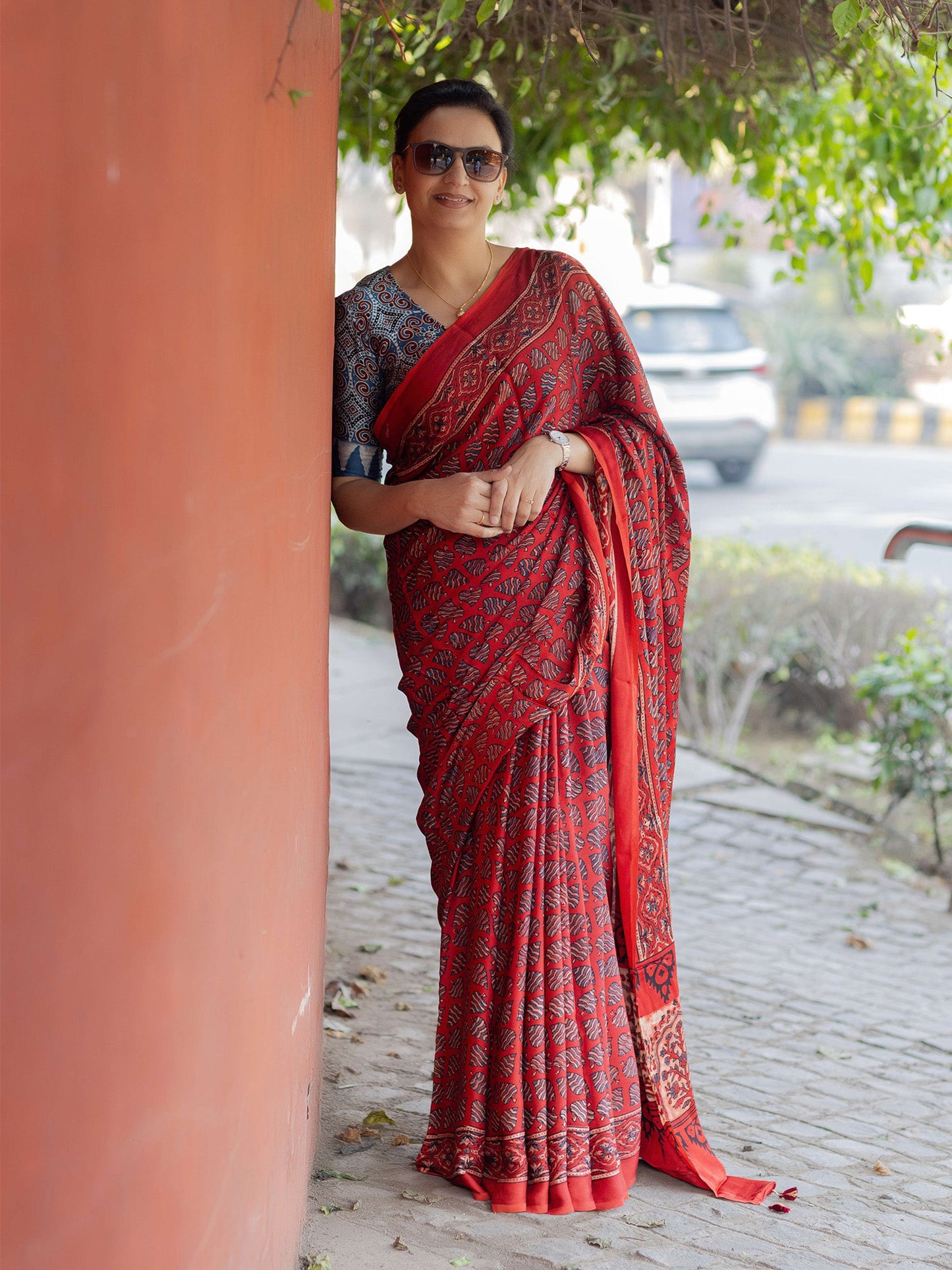 Red Modal Silk Ajrakh Block Print Saree