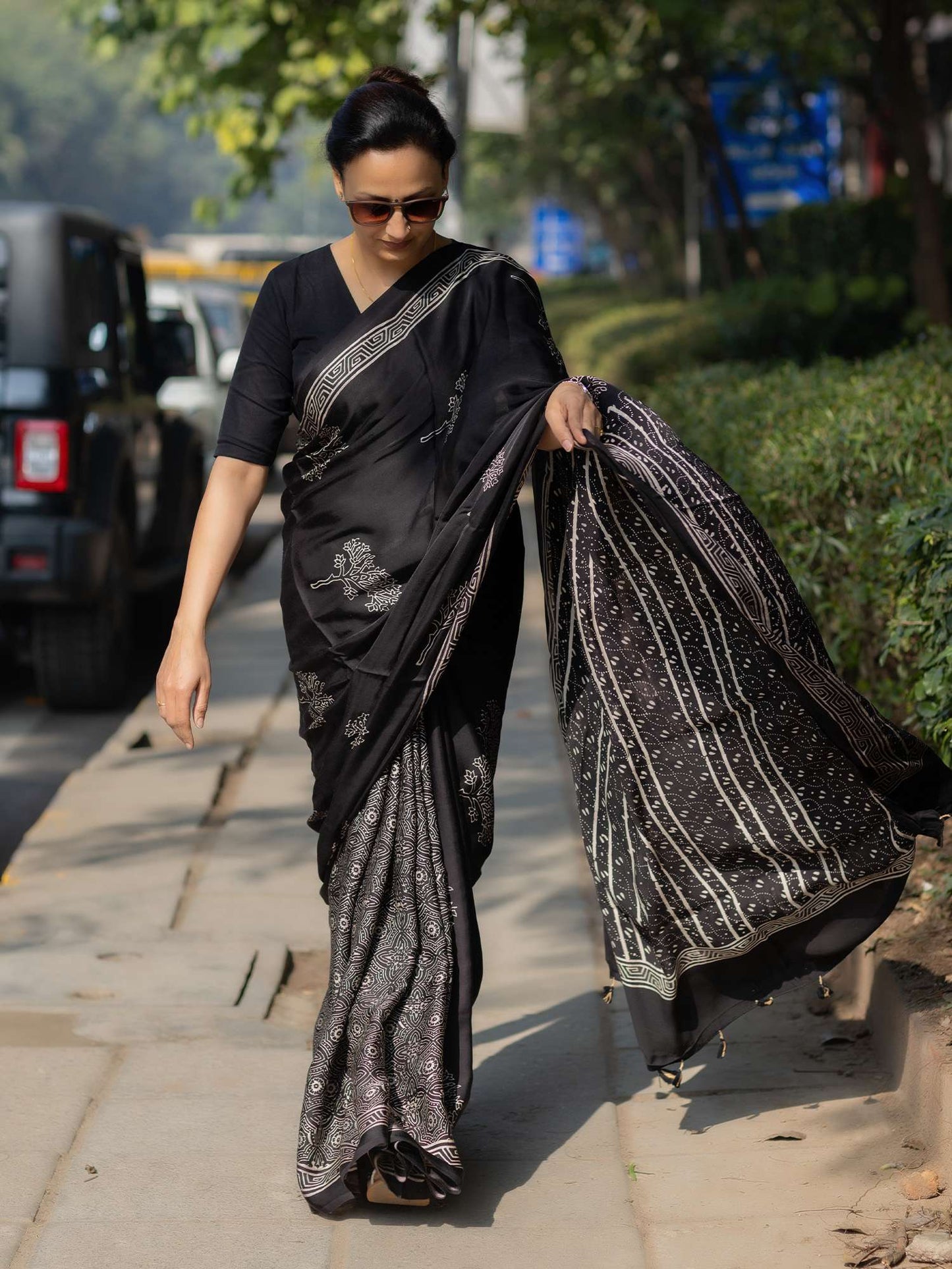 Black Modal Silk Ajrakh Block Print Saree