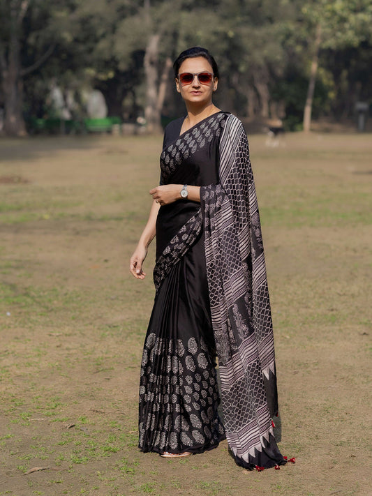 Black Modal Silk Ajrakh Block Print Saree