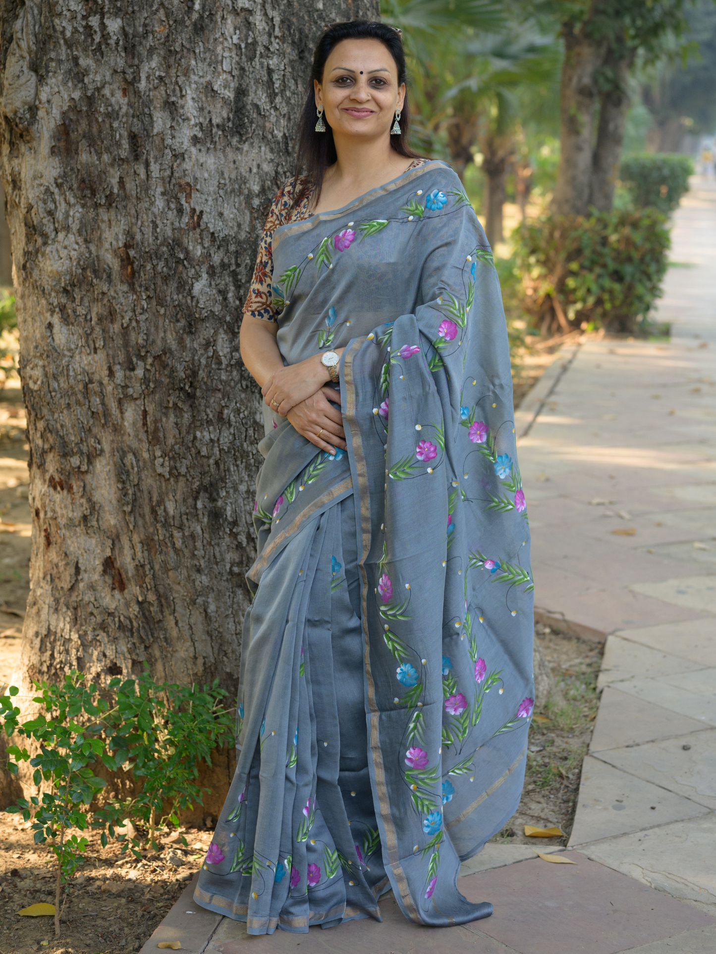 Ash Grey Handpainted Saree