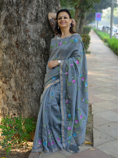 Ash Grey Handpainted Saree