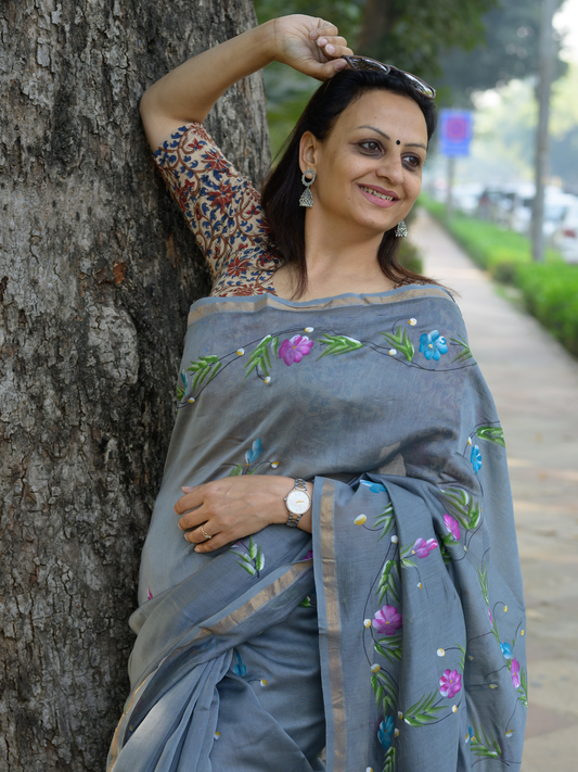 Ash Grey Handpainted Saree