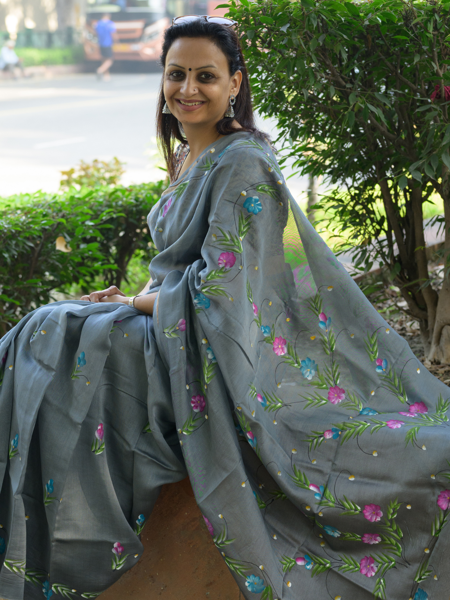 Ash Grey Handpainted Saree