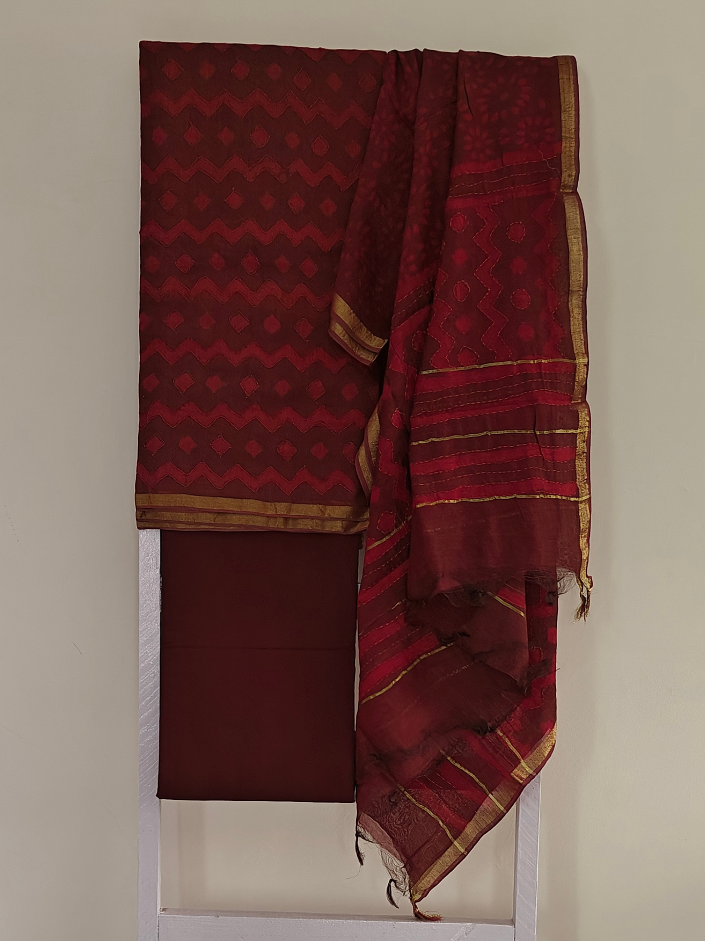 Wine Chanderi Batik Suit Set