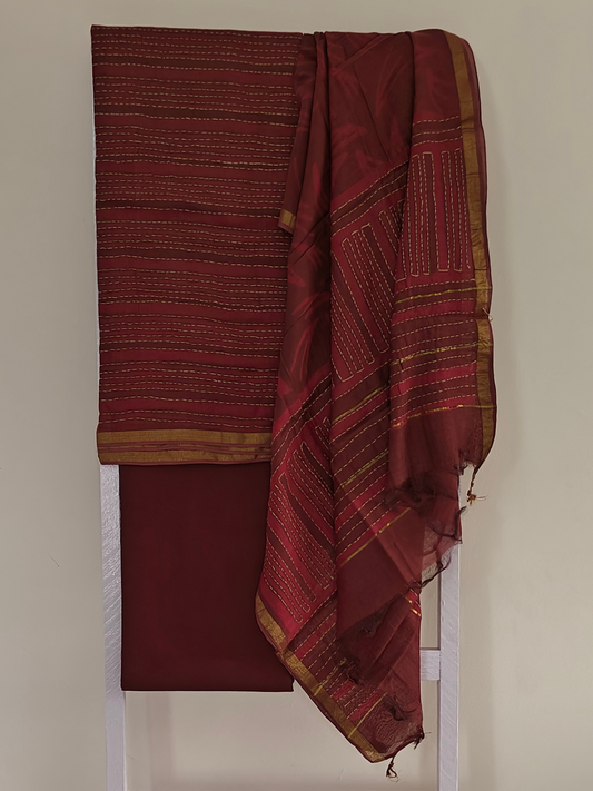 Wine Chanderi Batik Suit Set