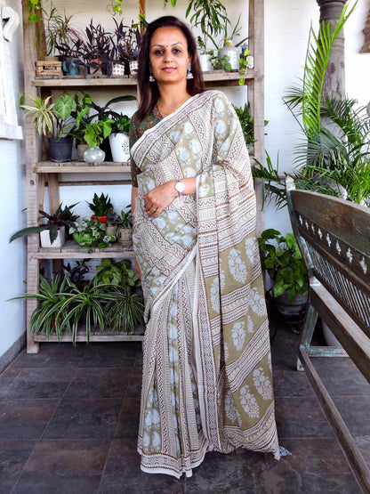 Seagreen Panel Kairi Boota Bagh Print Cotton Saree