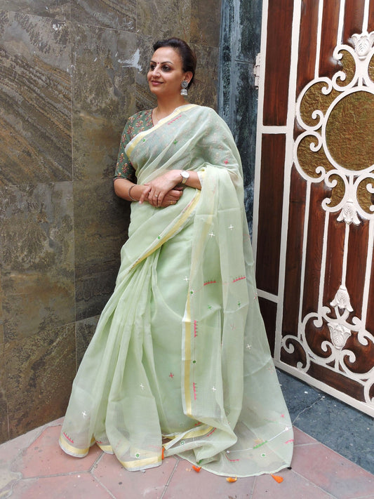 Sea Green Kota Cotton Hand Embroidered Saree