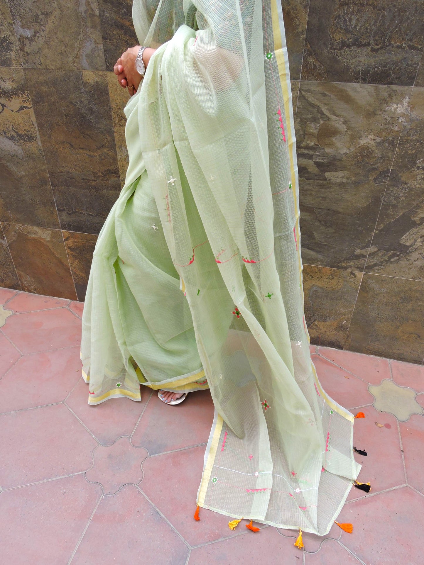 Sea Green Kota Cotton Hand Embroidered Saree