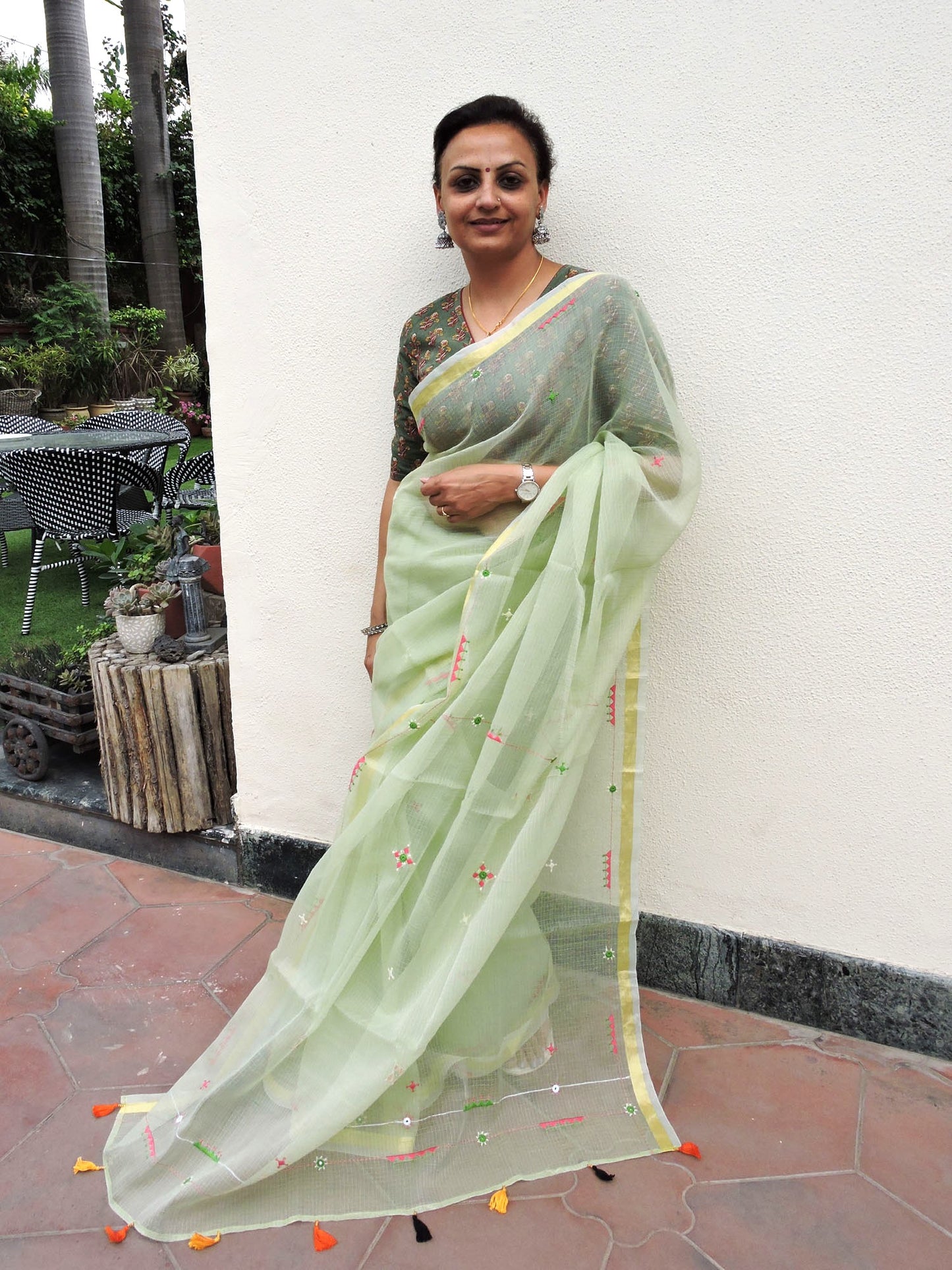 Sea Green Kota Cotton Hand Embroidered Saree