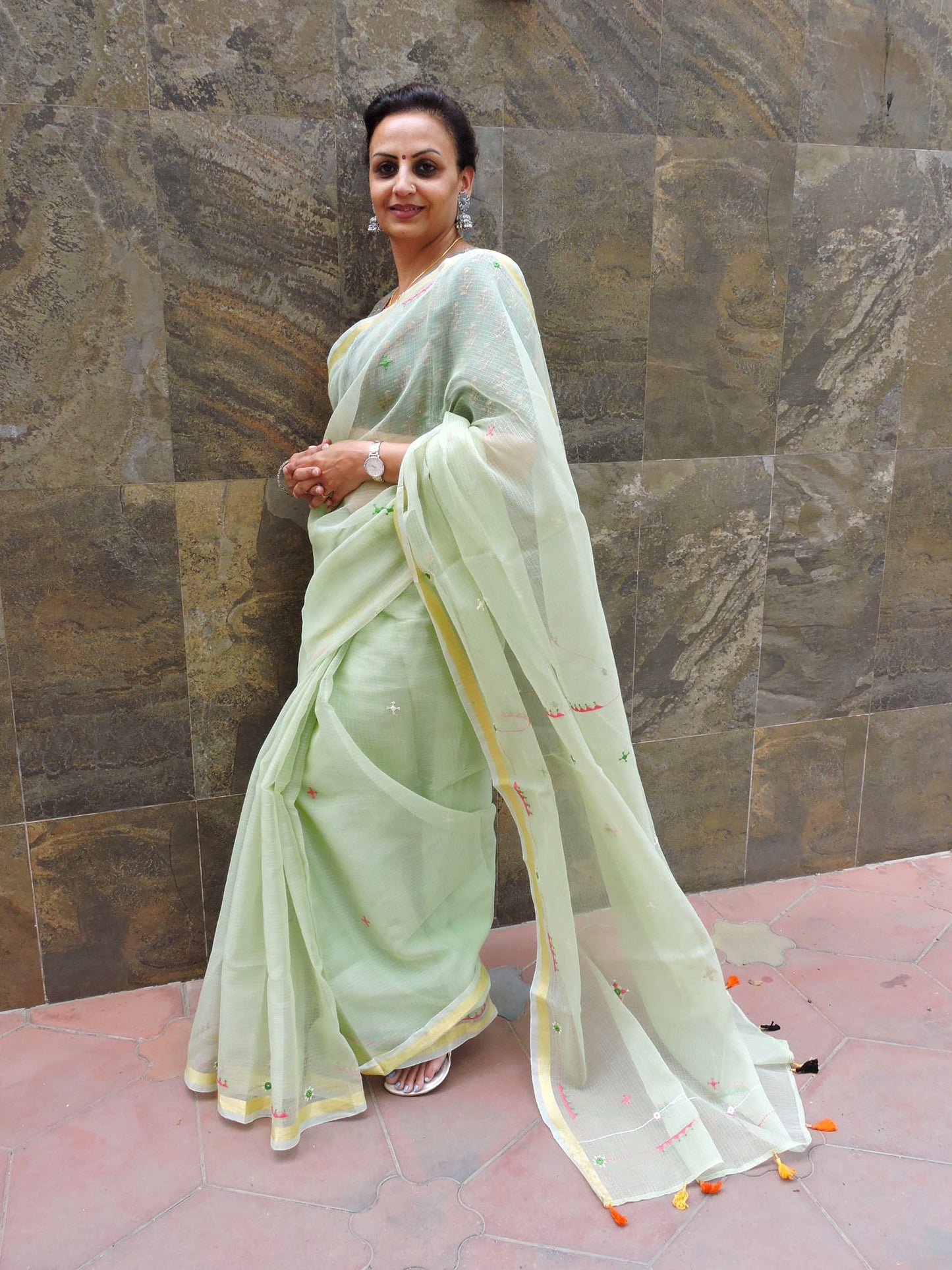 Sea Green Kota Cotton Hand Embroidered Saree