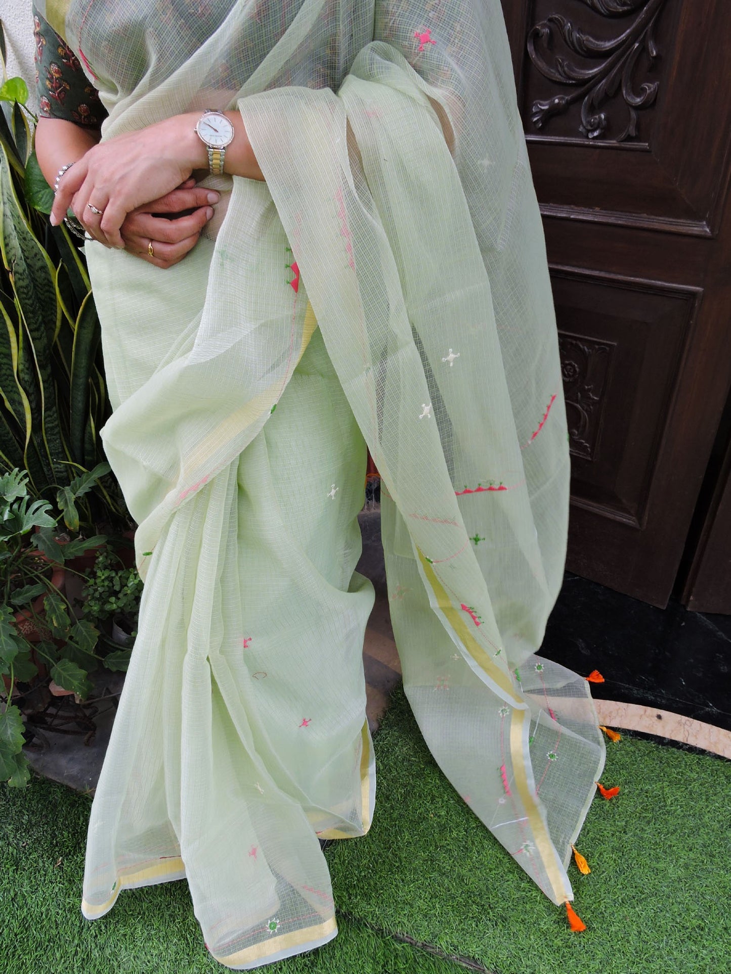 Sea Green Kota Cotton Hand Embroidered Saree