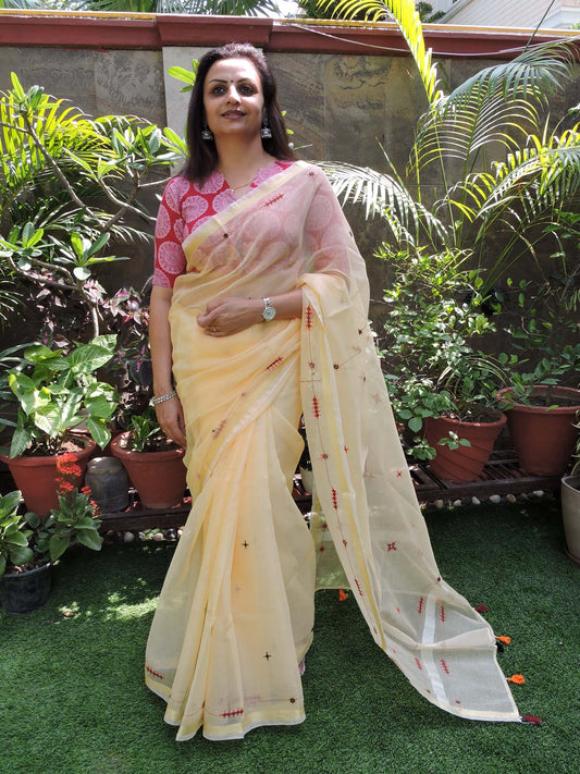 Creme Kota Cotton Hand Embroidered Saree